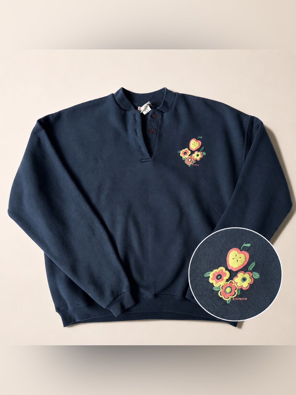 Vintage 90s Nutmeg Mills Floral Apple Henley Sweatshirt Made in USA, grandma cor